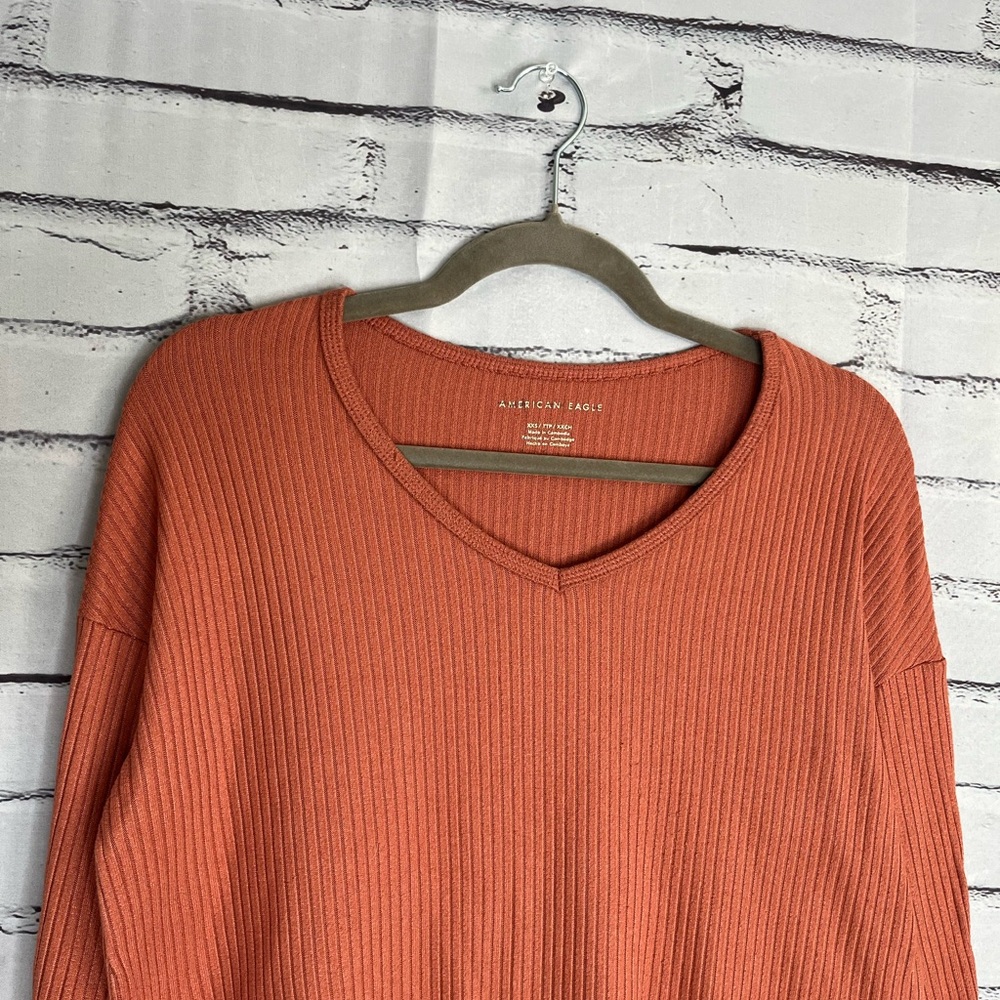 American Eagle Maroon Ribbed V‑Neck Sweater XXS Women’s Cozy Soft Fall Staple - Picture 5 of 14
